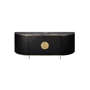 Curved sideboard in embossed oak veneer with brass details